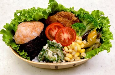 A traditional Korean dosirak, beautifully arranged with rice, assorted banchan, and savory proteins. Balanced and visually inviting, it’s a portable meal packed with vibrant flavors.