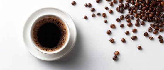 Fototapeta premium Aromatic Black Coffee in White Cup with Scattered Coffee Beans on White Background