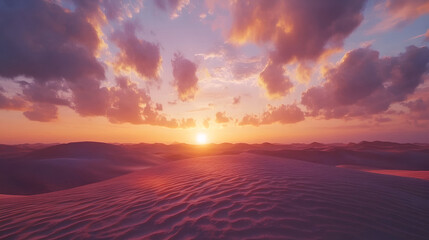 Fototapeta premium Sunset over a landscape with rippling sand dunes and skies