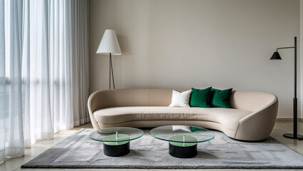 Modern minimalist living room with beige sofa, glass coffee tables, and floor-to-ceiling windows