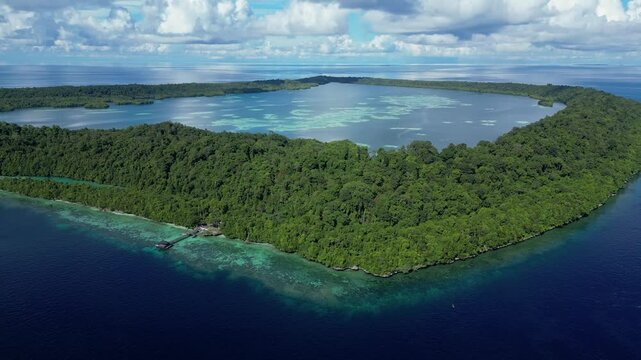 Kakaban, Indonesia: Aerial drone footage of the Kakaban island in the Derawan archipelago close to Maratua. Shot with a backward motion. 
