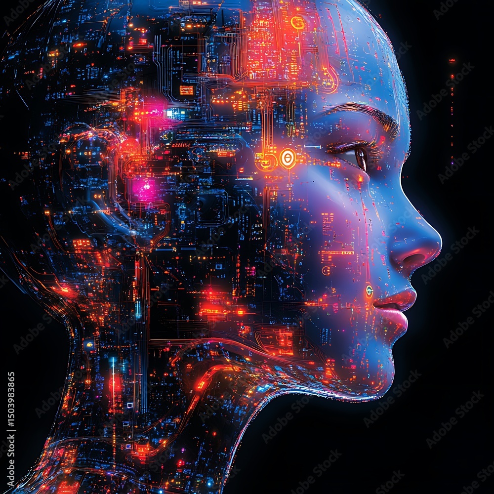 Poster futuristic portrait of a woman's face rendered with integrated circuit board patterns high resolutio