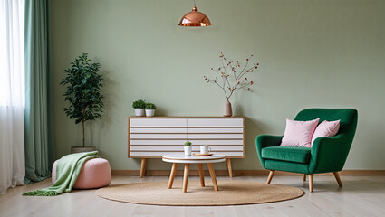 Modern minimalist living room with green armchair, copper pendant light, and stylish decor