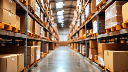 Brightly Lit Warehouse Featuring Lightweight Goods Displayed on Shelves in an Organized Space