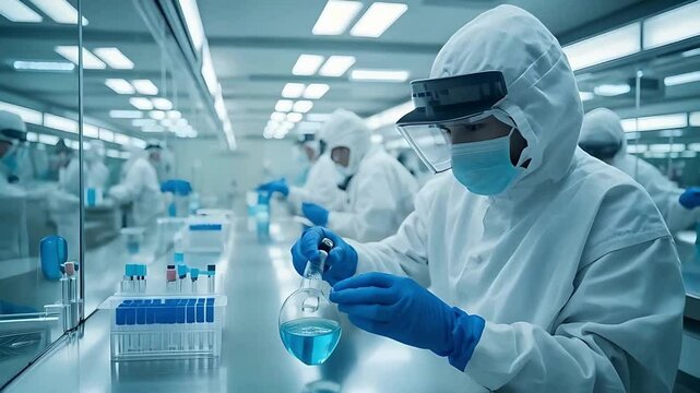 Lab researchers working on vaccine research in cleanroom with protective gear and equipment. Scientists working in a sterile lab. Researchers test blue chemicals. Modern lab with safety rules - Powered by Adobe