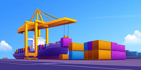 Fototapeta premium Cargo ship loading containers at port with bright blue sky
