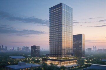 Obraz premium Sleek Corporate Architecture Bathed in Soft Morning Light Over Serene Cityscape