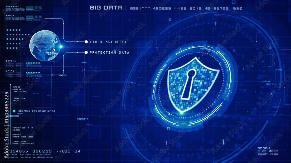 Poster futuristic cyber security interface with digital shield, binary code, and global network connection 
