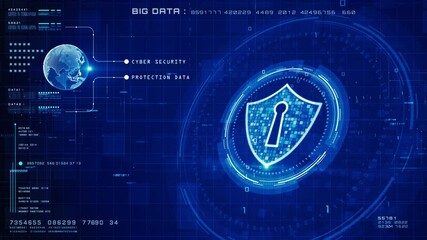 Futuristic cyber security interface with digital shield, binary code, and global network connection on a high-tech blue background. - Powered by Adobe