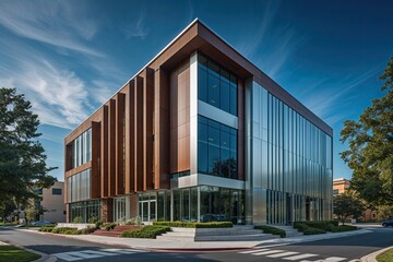 Obraz premium Stunning Office Building Featuring Rich Brown and Shiny Silver Panels Against a Cobalt Sky