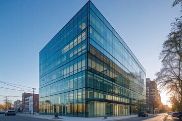 Modern Architectural Photography Showcasing Glass Facade Building in Daylight from Low Angle Perspective