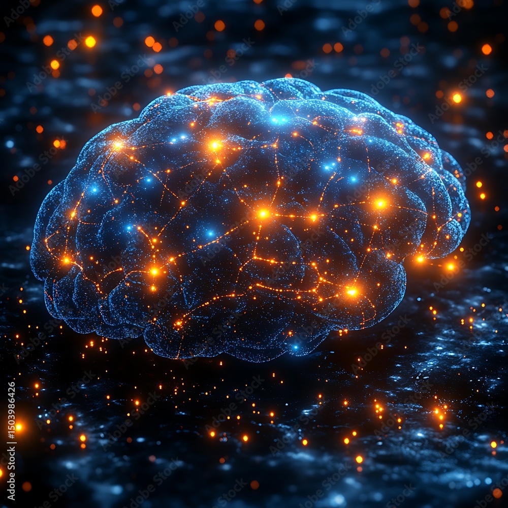 Poster glowing illustration of the human brain representing neural networks and artificial intelligence con