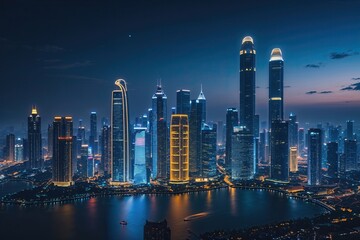 Fototapeta premium Metropolitan Skyline at Night Exploring Illuminated Modern Skyscraper Design