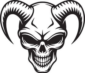 Demonic Skull with Horns Vector – Evil Horned Skull Tattoo Illustration | Detailed Vector Illustration of a Skull With Curved Horns