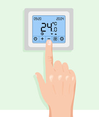 Modern digital touchscreen thermostat. The person's hand presses the temperature and climate control button. Information on the electronic display. Smart home device on a wall. Cost saving