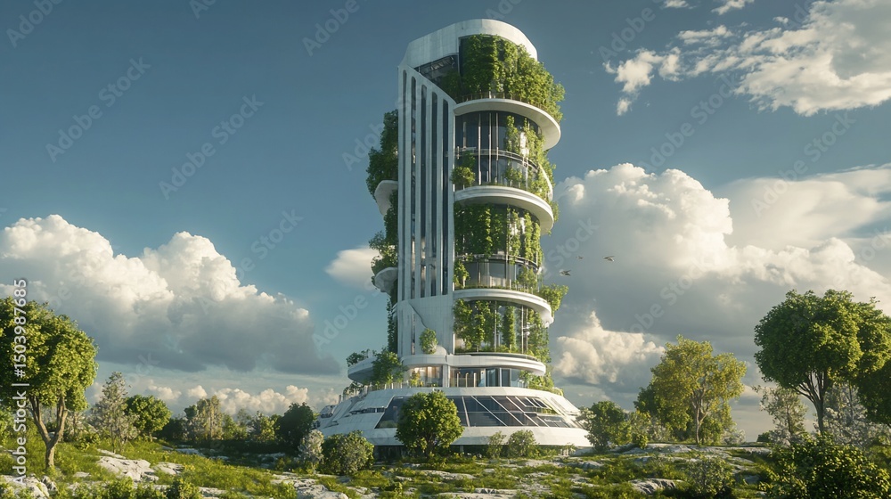 Poster futuristic building with plants and trees growing on it and around it under a cloudy sky