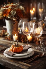 Obraz premium Cozy Autumn Dinner Table Setting With Pumpkins and Candles for a Festive Gathering