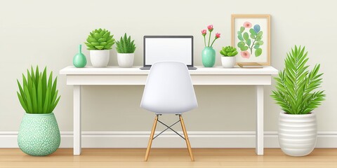 a minimalist illustration of a home office setup with a chair and laptop in neutral tones
