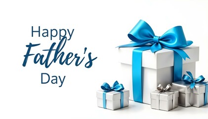 Happy Fathers Day with Gift Boxes and Blue Ribbons on White Background