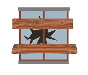Broken and boarded up window flat illustration. Abandoned house window. Concept symbol