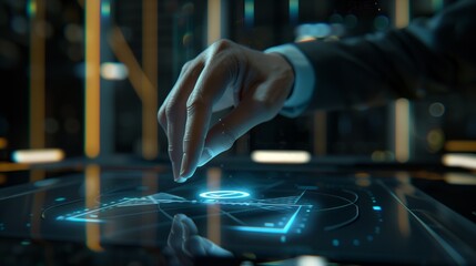 sharp focus on a businessman’s finger gently pressing a digital checkmarke on a holographic checklist 