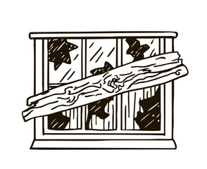 Beautiful decorative window sketch. Art design of old window. Closed window. Wooden frame. Window of a country house. hand drawn illustration