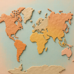 World map in warm colors, textured design showcasing continents, ideal for educational presentations or travel-themed decor.