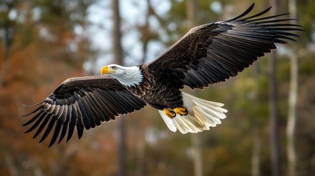 Majestic american bald eagle soaring in blue sky with outstretched wings, symbol of freedom and strength in nature wildlife scene featuring sharp eyes and striking white head feathers
