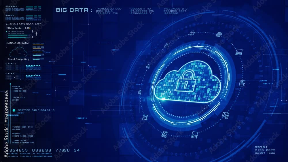 Poster cloud computing with cyber security lock and binary code for big data protection on futuristic blue 