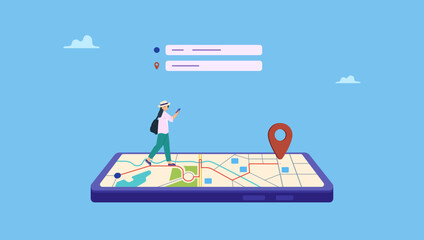 Vector illustration of a character explores a new city using a map on their phone. A woman on vacation using a map on her phone. 