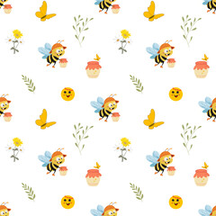 Seamless pattern with cute cartoon bees, honey jars, butterflies, flowers and sun faces on white background
