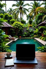 "balinese villa workspace: open laptop facing jungle pool, coffee and notebook, blank space for text overlay"
