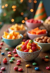 colorful snack assortment vibrant treats stylish bowls festive arrangement tasty appetizers dotted patterns cheerful, party, presentation, variety, ingredients