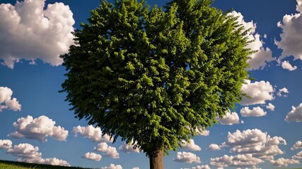 Green heart shaped tree standing alone in field under vivid sky expresses love life nature hope renewal environmental awareness support sustainability
