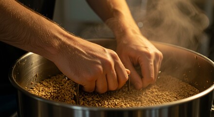 Hands stir steaming malt grains inside a brewery tank mixing the golden contents for fermentation