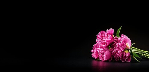 Fototapeta premium Vibrant Peonies Arranged With Lush Green Leaves on a Dark Background