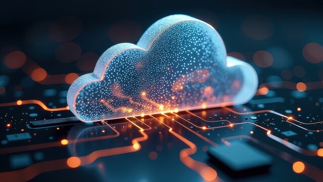 Cloud is floating above a black background with a circuit board. The cloud is made of small