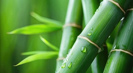 Obraz premium Close-up of vibrant green bamboo stalks with water droplets. Lush foliage and stems in focus