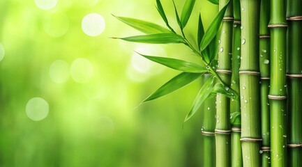 Lush green bamboo stalks with fresh leaves, dew drops, and a soft green background