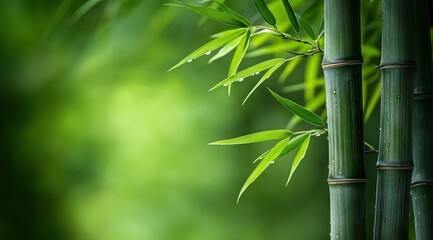 Lush green bamboo stalks with vibrant leaves, dew drops