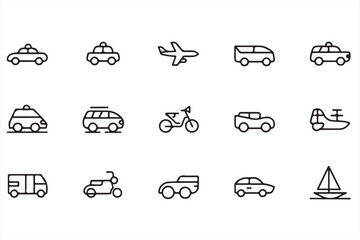 Collection of Transportation Icons Including Cars, Bikes, Trucks, and Planes