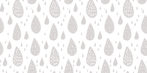 Vector seamless pattern with rain drops. Simple hand-drawn doodle style illustration. Subtle gray and white childish background texture. Cute repeating design for decoration, textile, print, fabric