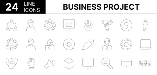 Collection of 24 Business Project line icons featuring editable strokes. These outline icons depict various modes of Business, budgeting, business, collaboration, consulting, corporate, 