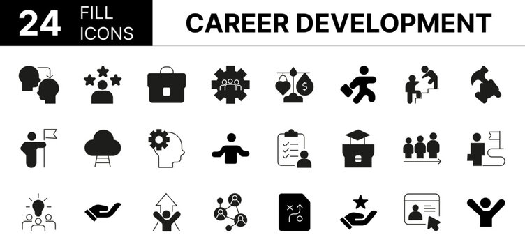 Collection of 24 Career Development fill icons featuring editable strokes. These outline icons depict various modes of Career Development, resume, time management, certificate, life events, briefcase,