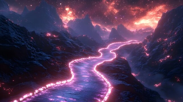 An ethereal river of light flows through a mystical mountain valley under a fiery sky in a cinematic wide shot with a