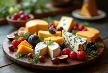 curated gourmet cheese fruit platter artisan selection exquisite flavors textures colors presentation, cow, sheep, goat, tasting, brie, cheddar, blue, fig