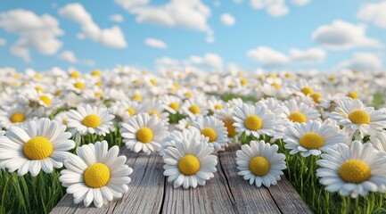 Obraz premium A field of daisies on a wooden surface
