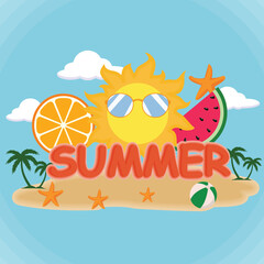 Summer vector banner design concept of 3d text in beach island with summer elements and balloons in blue sky background. Vector illustration.