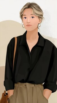 Digital portrait illustration of a woman in a black button-down shirt and khaki pants with a brown tote bag