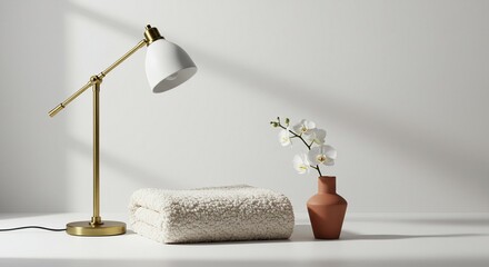Minimalist lamp illuminates sherpa blanket with orchids in studio setting creating subtle shadows